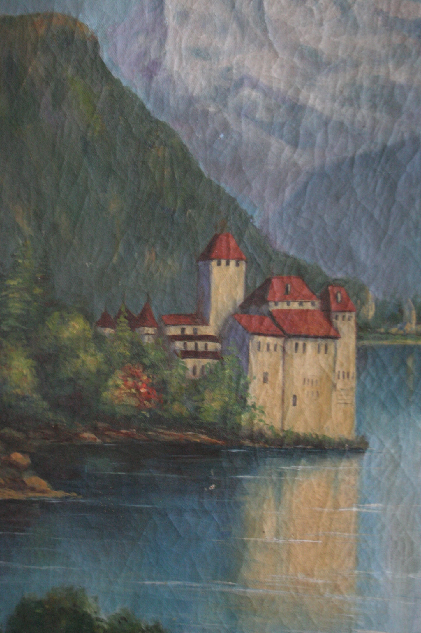 Antique oil painting of The Castle of Chillon by Edith Walter on canvas dated 1892