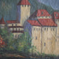 Antique oil painting of The Castle of Chillon by Edith Walter on canvas dated 1892