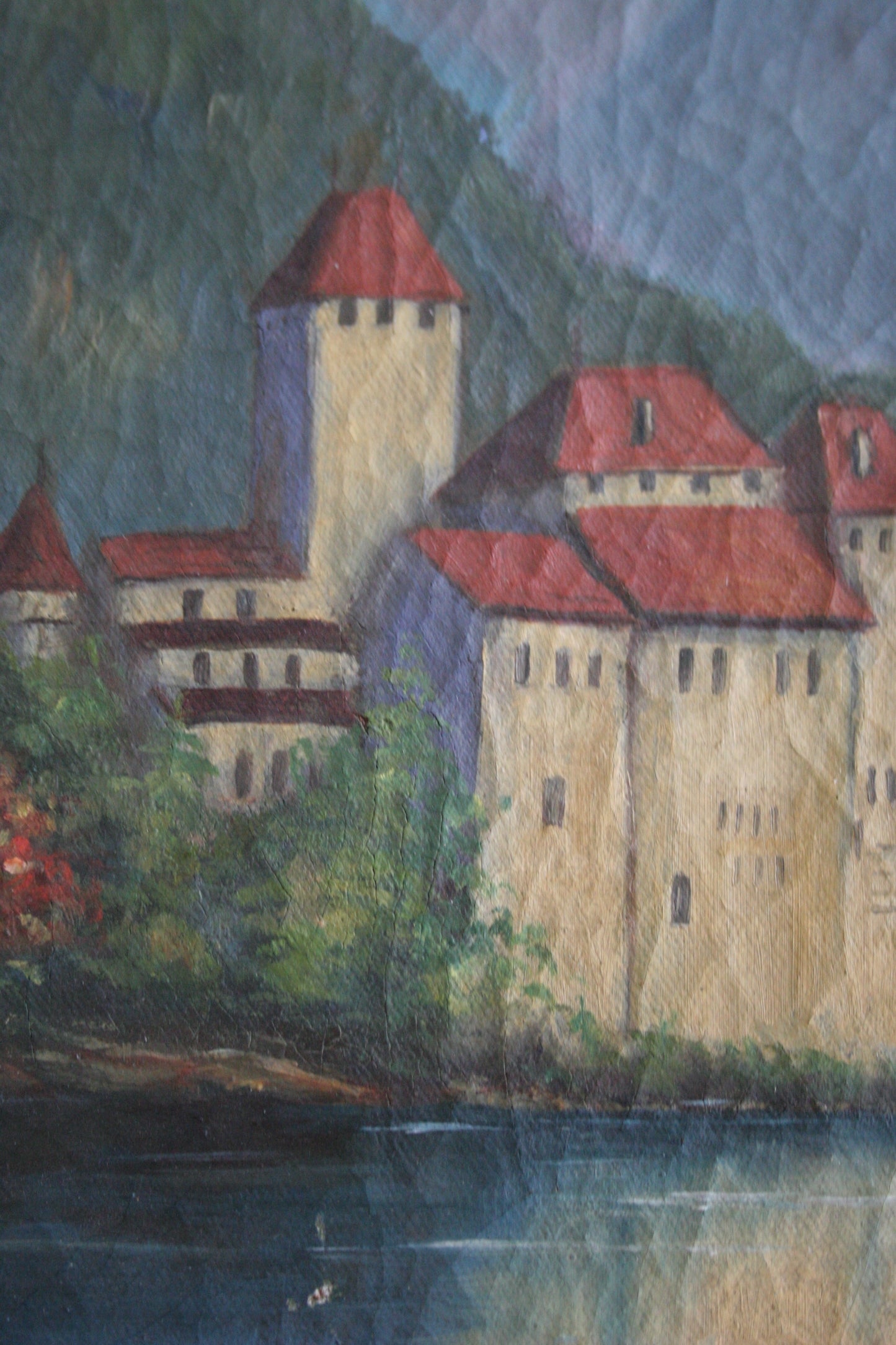 Antique oil painting of The Castle of Chillon by Edith Walter on canvas dated 1892