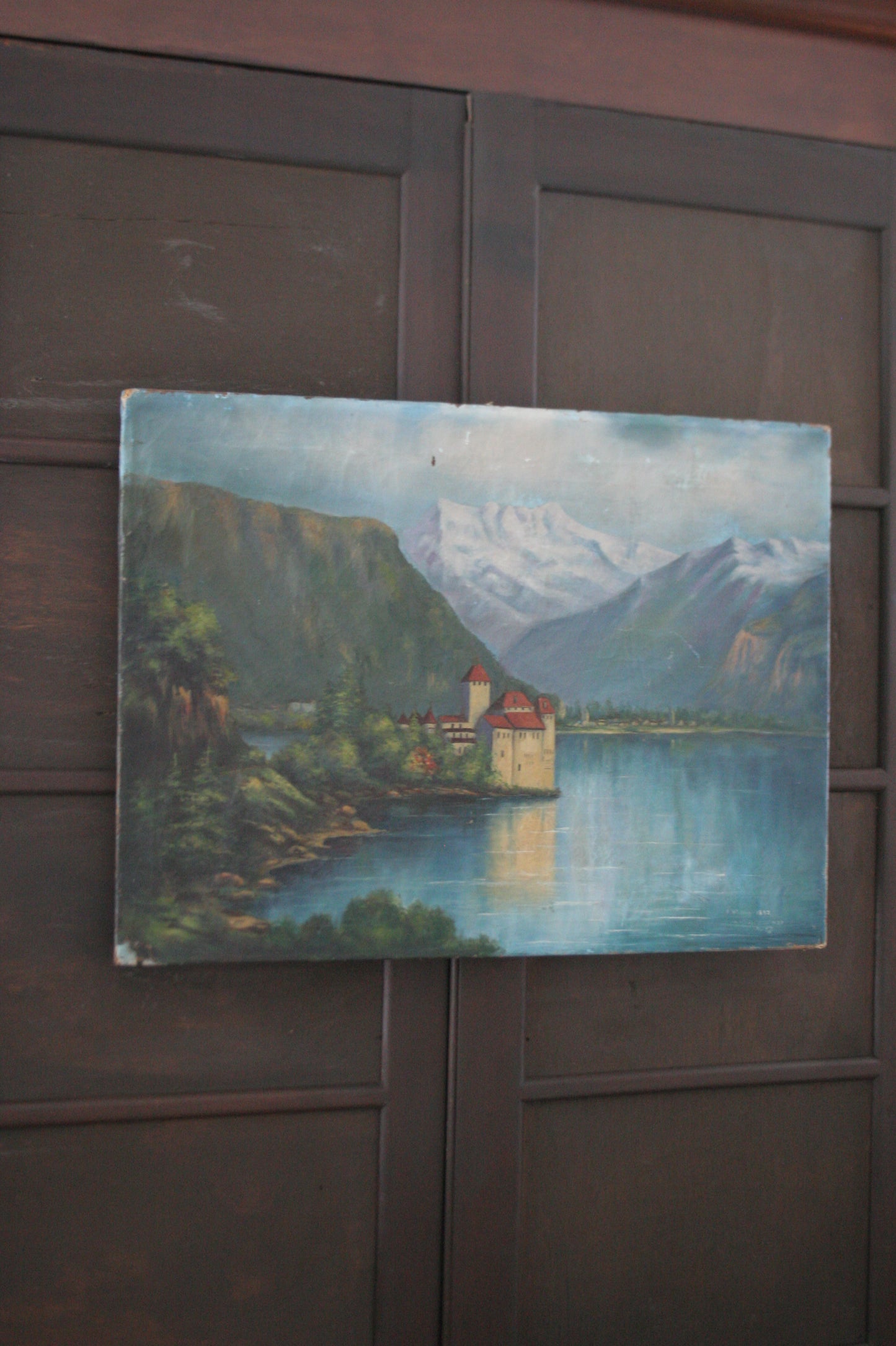 Antique oil painting of The Castle of Chillon by Edith Walter on canvas dated 1892