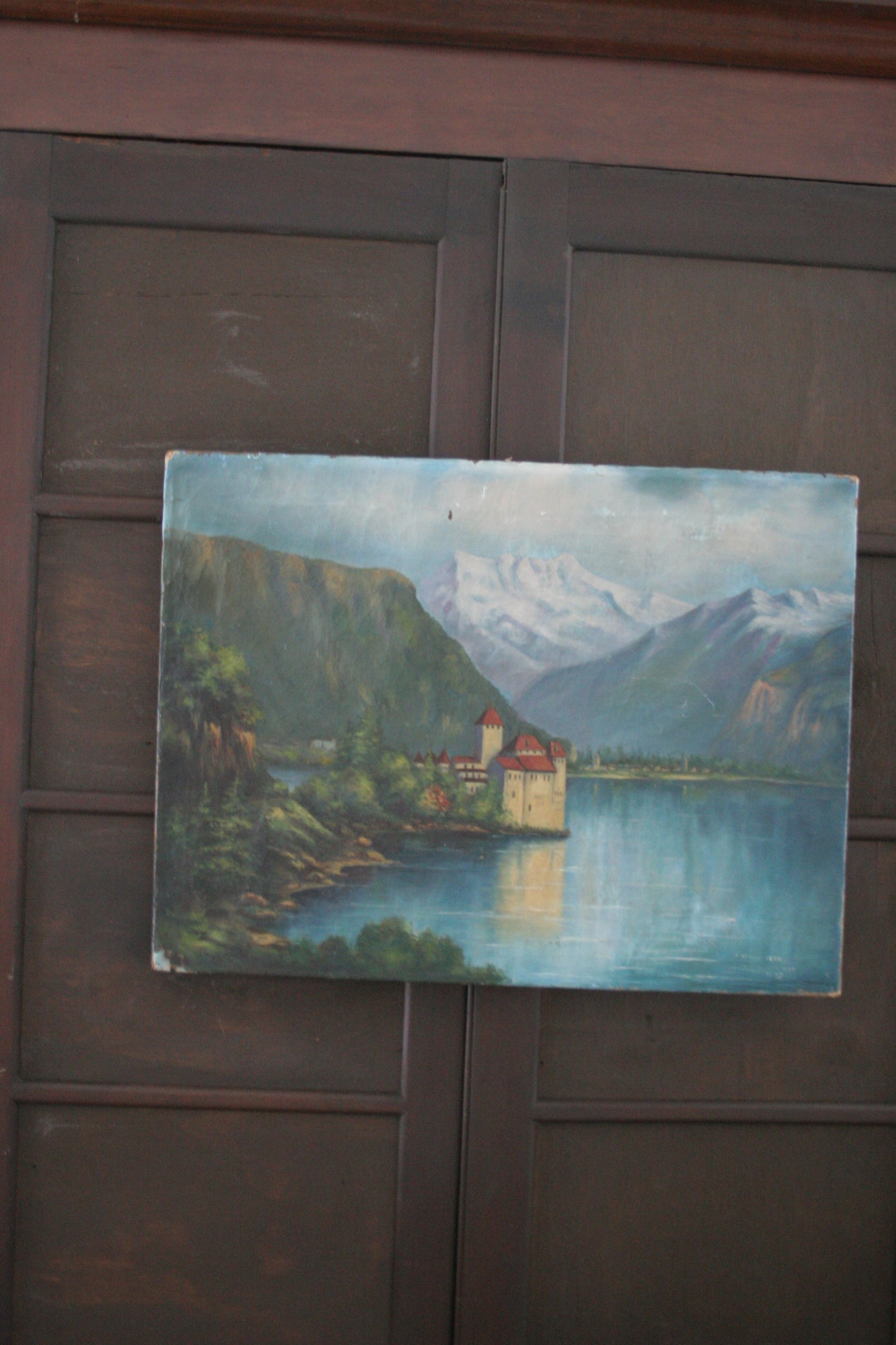 Antique oil painting of The Castle of Chillon by Edith Walter on canvas dated 1892