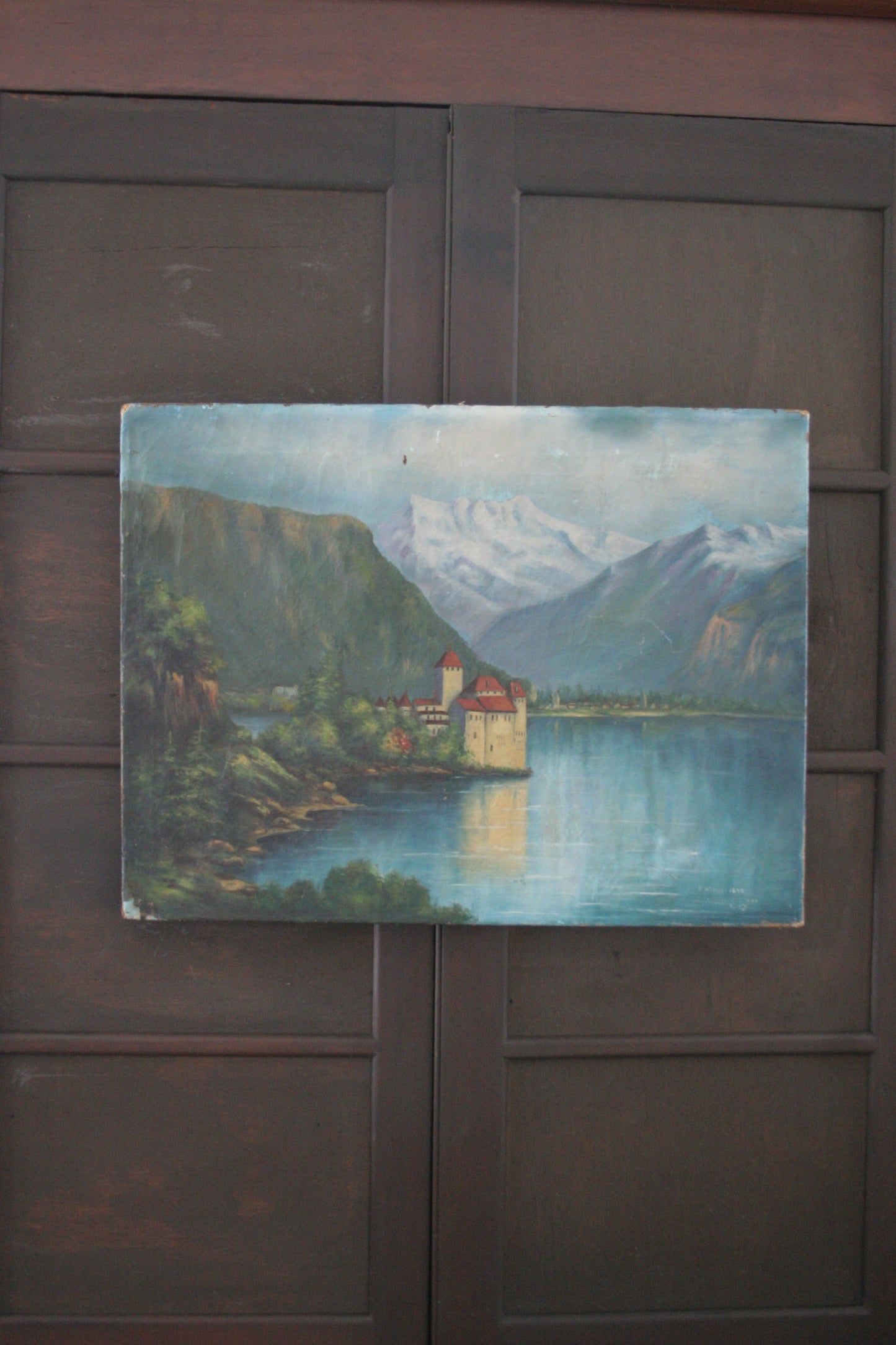 Antique oil painting of The Castle of Chillon by Edith Walter on canvas dated 1892