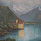 Antique oil painting of The Castle of Chillon by Edith Walter on canvas dated 1892