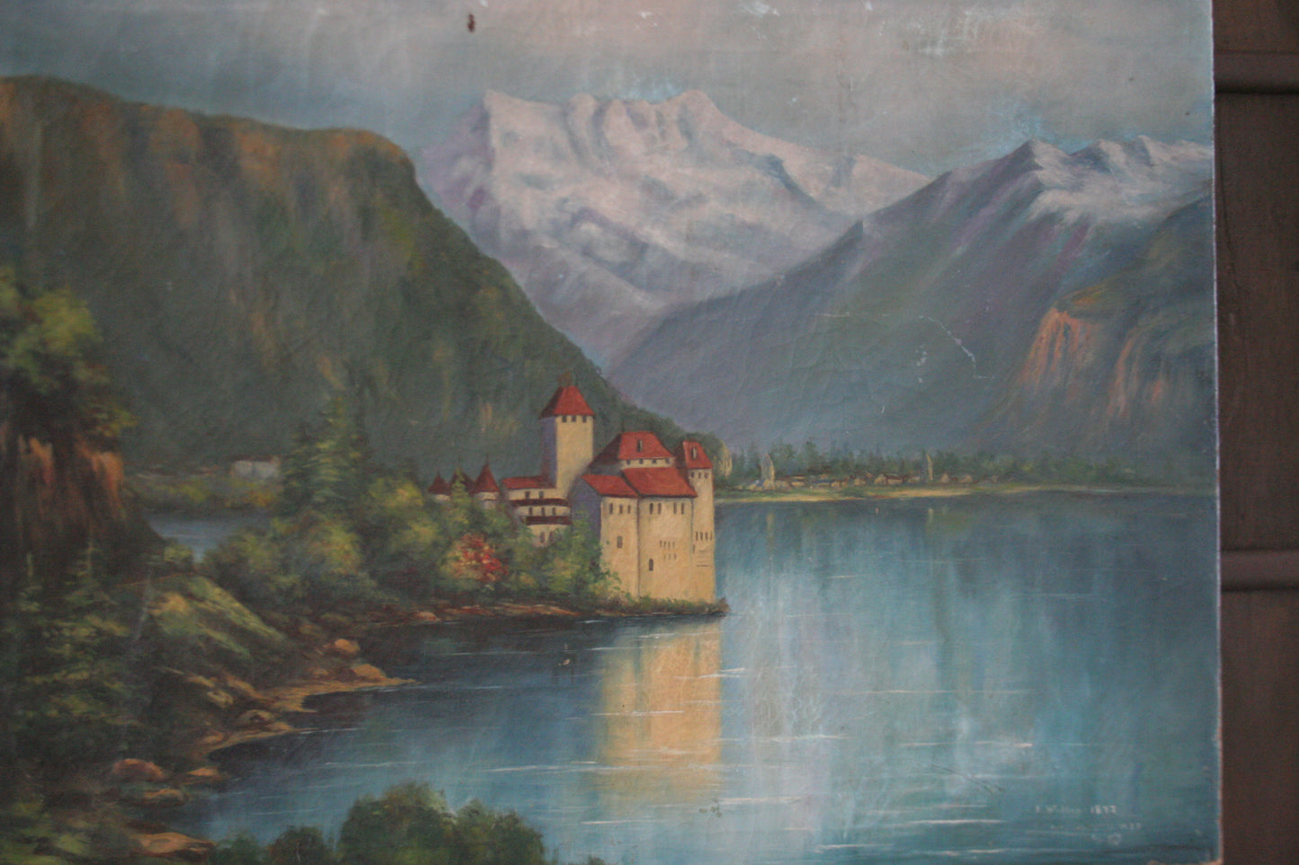 Antique oil painting of The Castle of Chillon by Edith Walter on canvas dated 1892