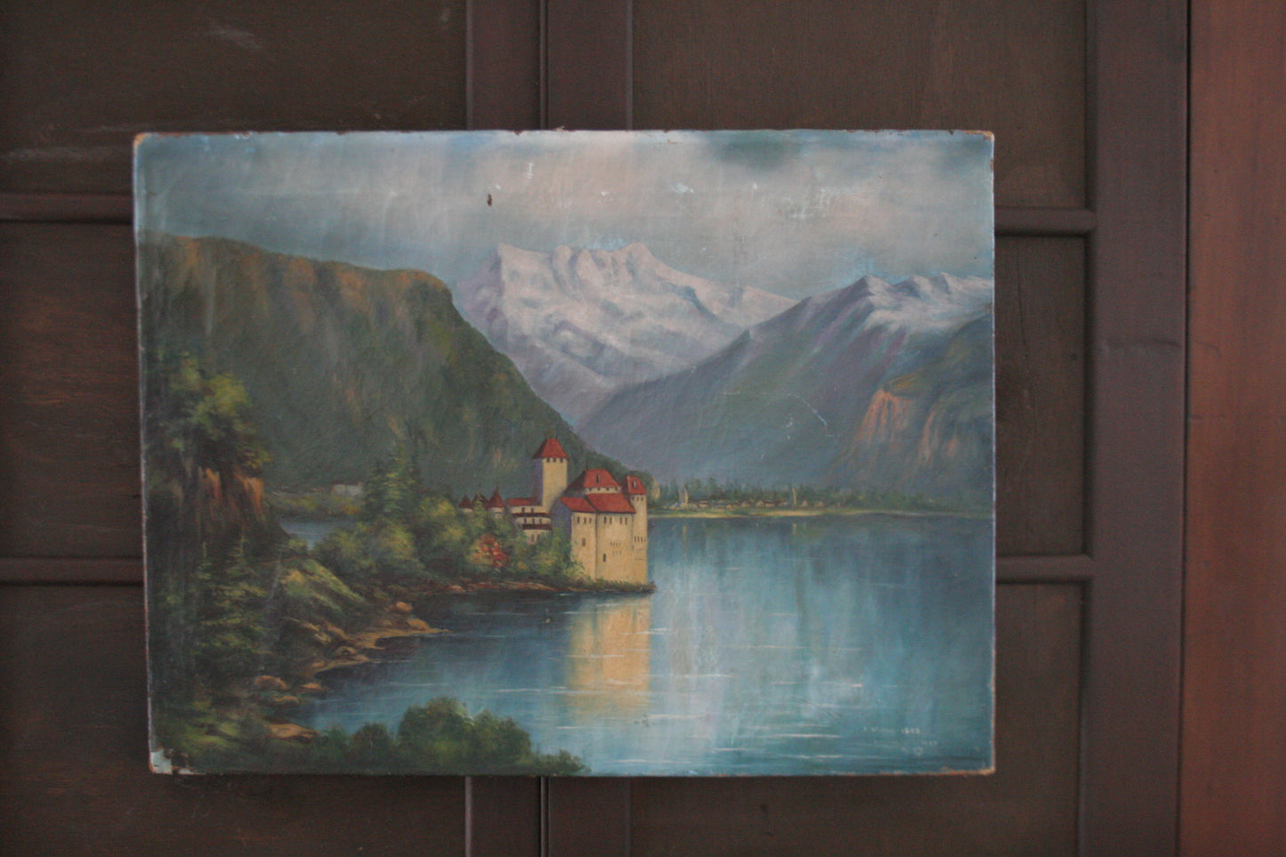 Antique oil painting of The Castle of Chillon by Edith Walter on canvas dated 1892